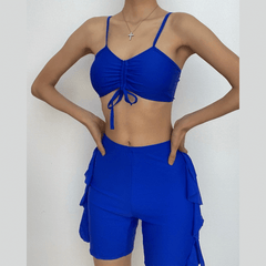 Ruffle drawstring solid cami bikini pant swimwear