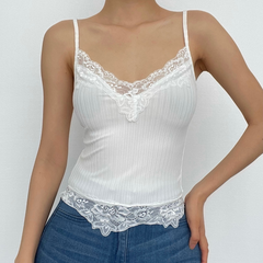 Ribbed hem lace V neck solid cami top