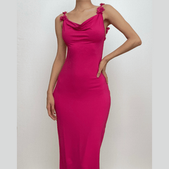 Flower applique cowl neck backless solid maxi dress