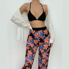 Traje de baño de 3 piezas con pantalón halter en contraste y estampado de flores 