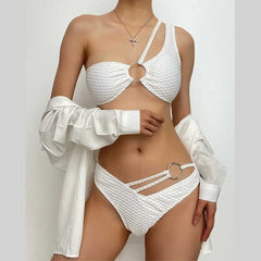 Textured irregular solid o ring ruched bikini swimwear