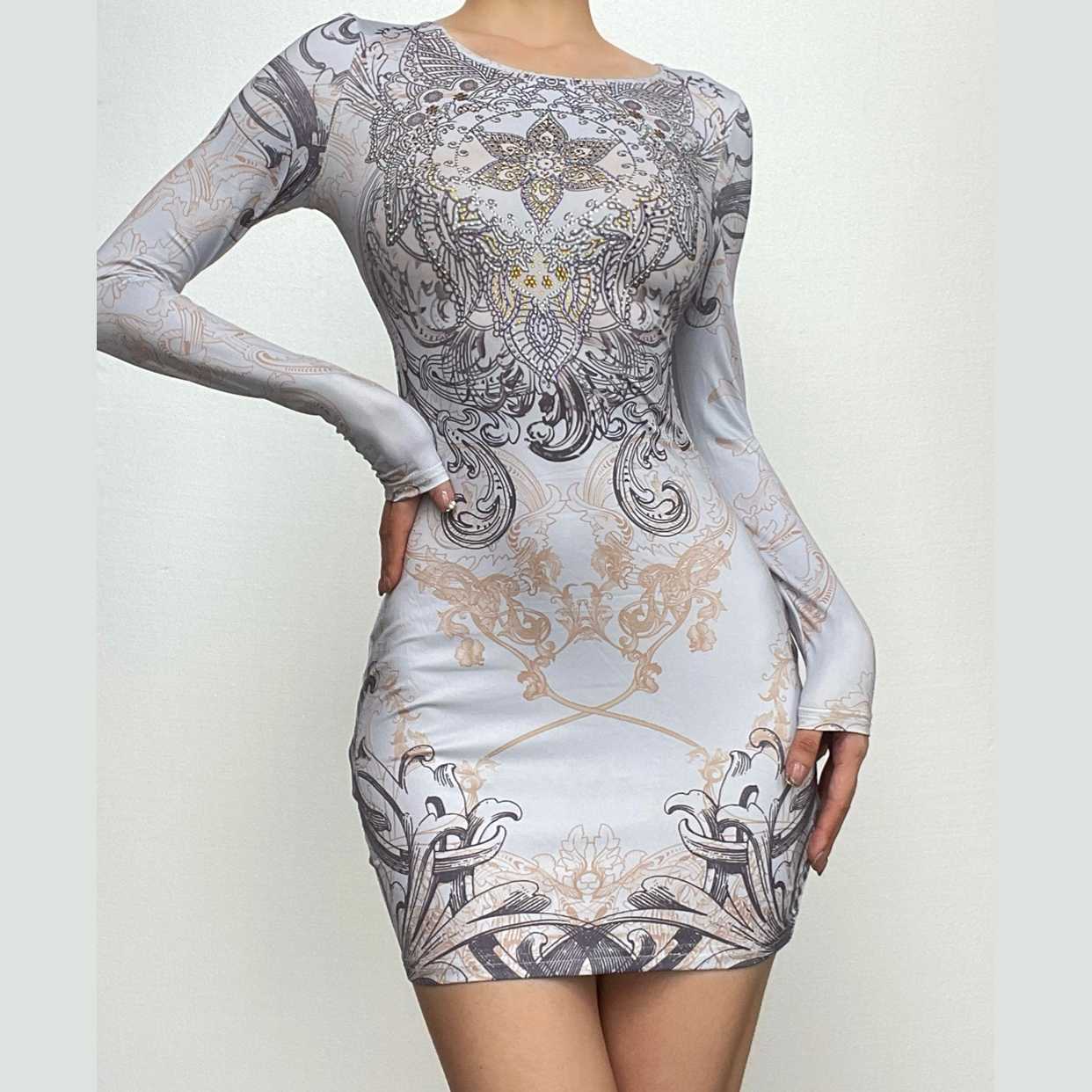 Beaded long sleeve u neck abstract contrast mini dress