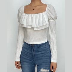 Textured ruffle long puff sleeve solid 2-way crop top