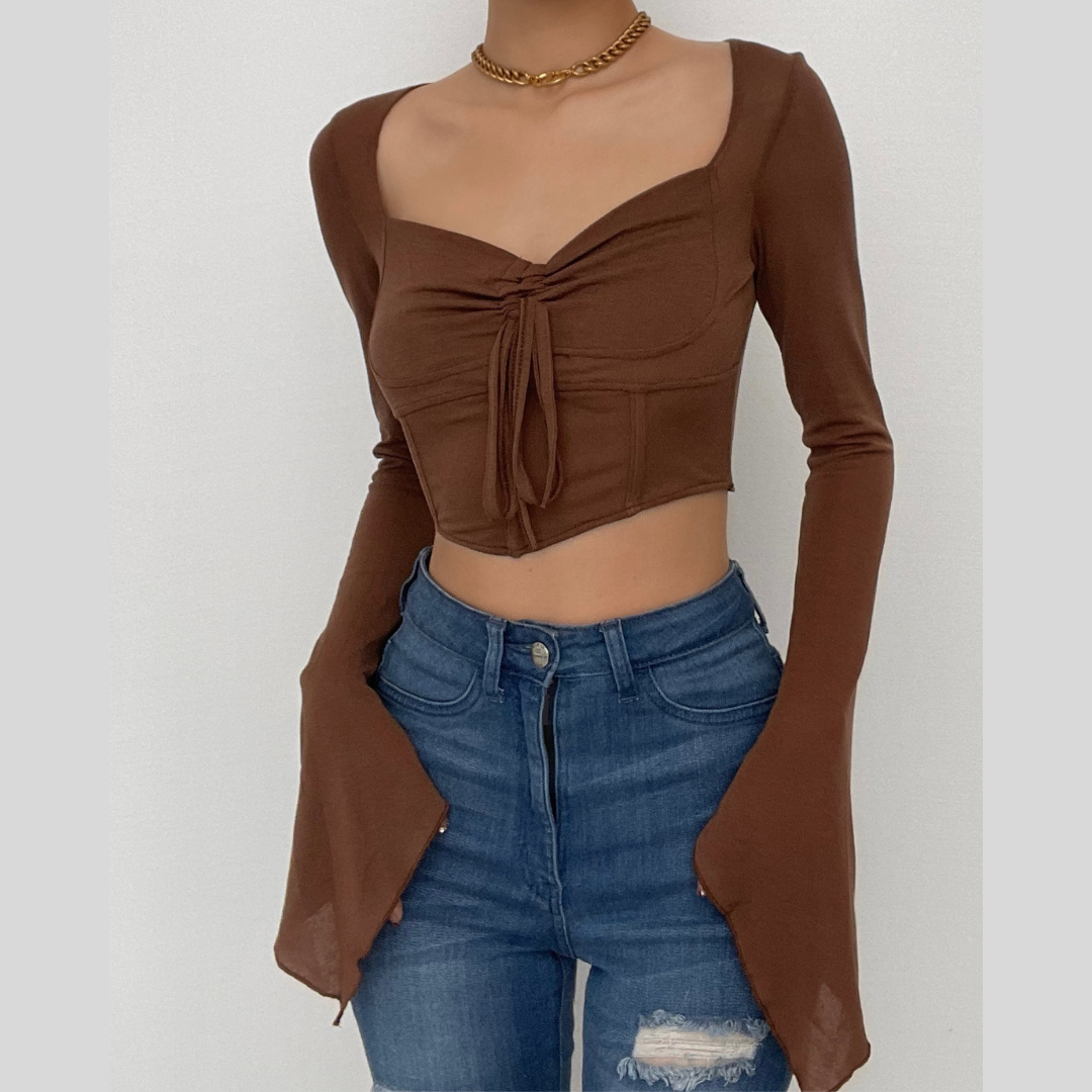 Long sleeve solid drawstring ruched self tie crop top