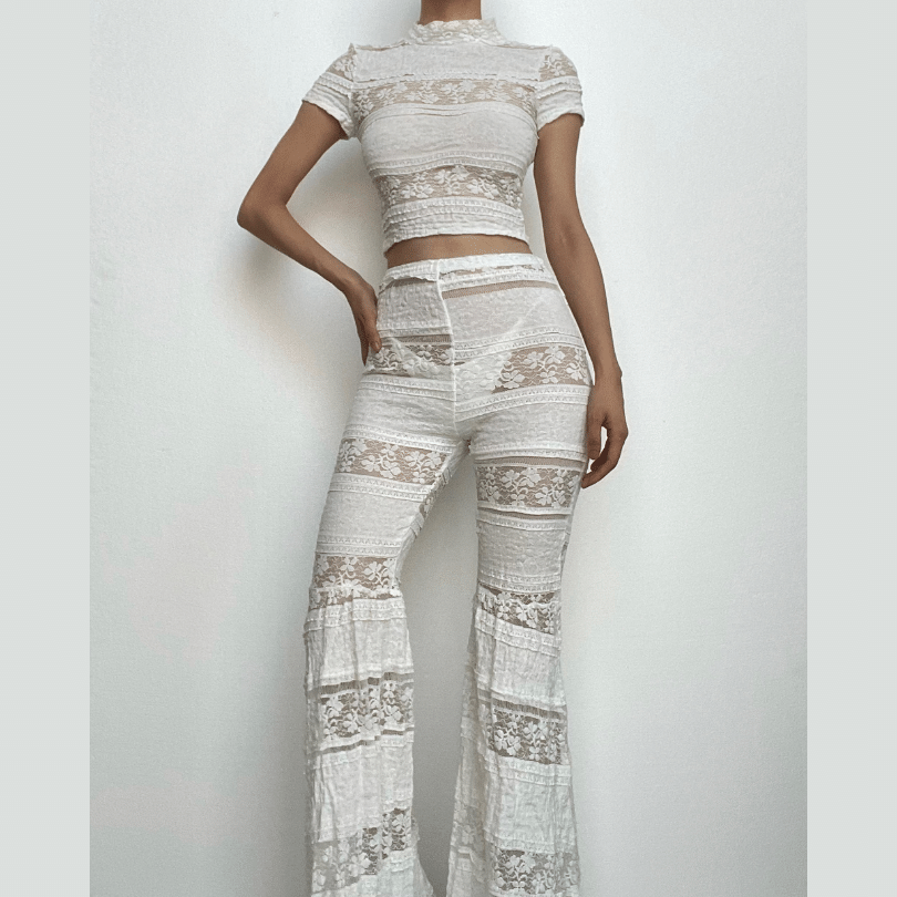 Lace see through solid high neck short sleeve flared pant set