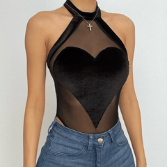 Heart patchwork halter mesh backless solid bodysuit