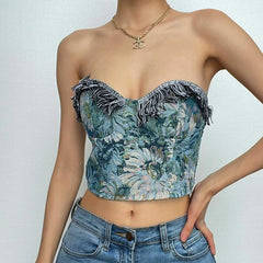 Crop Top mit strukturiertem Blumenmuster, Kontrastquasten und herzförmigem Ausschnitt, gesmokt – Schlussverkauf 