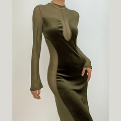 Long sleeve velvet mesh solid zip-up maxi dress