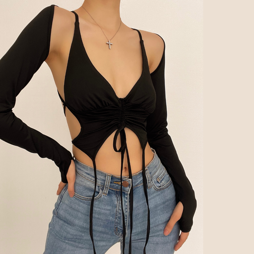 PRE-ORDEN - Top de 2 piezas liso con cuello en V y mangas largas con fruncido estilo halter 