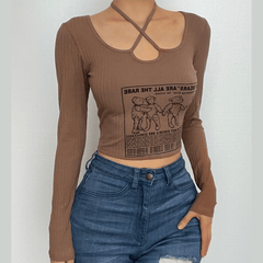 Ribbed bear pattern contrast long sleeve self tie square neck crop top