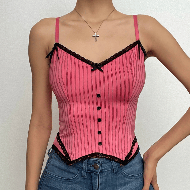 Camisole-Oberteil mit V-Ausschnitt, Spitzensaum und Knopfleiste in Kontrastfarbe