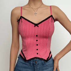 Top camisola en contraste con cuello en V, dobladillo de encaje a rayas y botones 