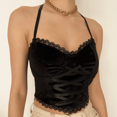 Hem lace backless halter crop top