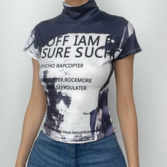 High neck short sleeve letter print contrast top