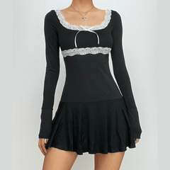 Lace hem square neck contrast long sleeve ruffle mini dress