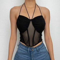 Neckholder-Crop-Top aus rückenfreiem, gerüschtem Korsett mit selbstbindendem Netzstoff