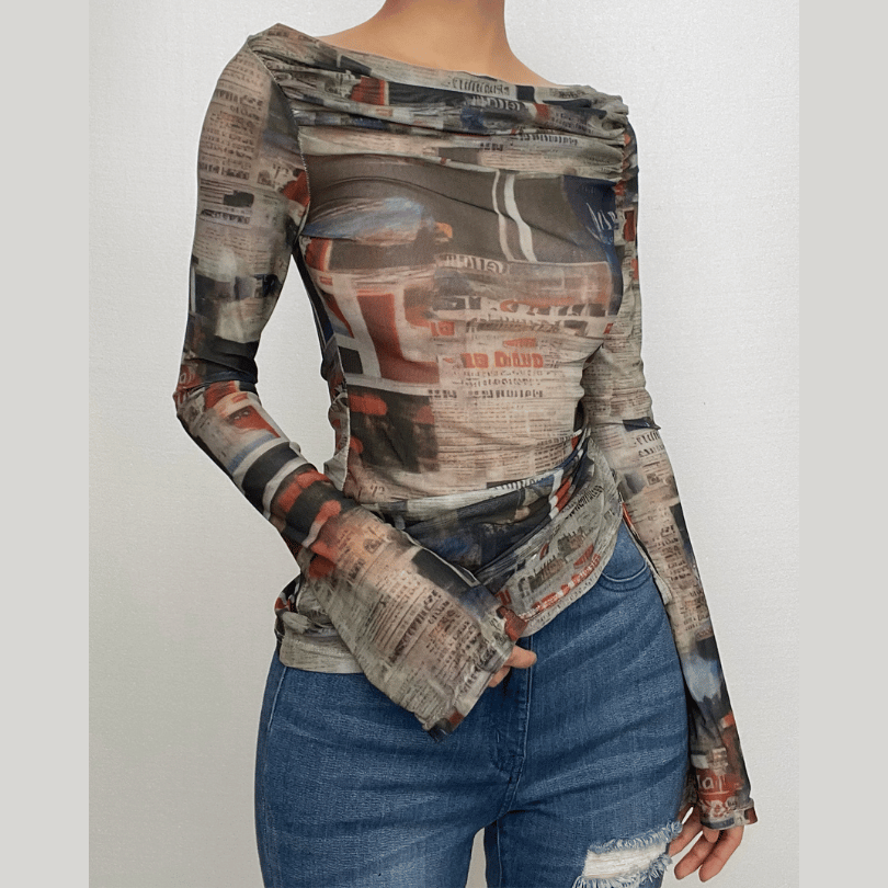 Drawstring off shoulder long sleeve contrast print top