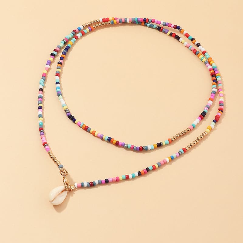 Multicolor shell pendant clay beaded layered necklace