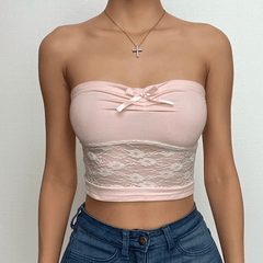 Rückenfreies Tube-Crop-Top mit Spitzen-Patchwork und herzförmigem Ausschnitt und Schleife 