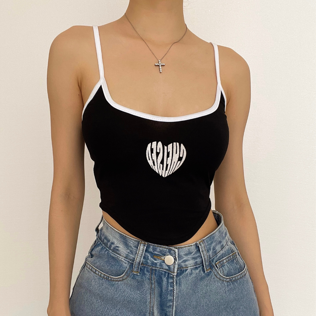 Tief ausgeschnittenes, kontrastfarbenes Cami-Crop-Top mit Print