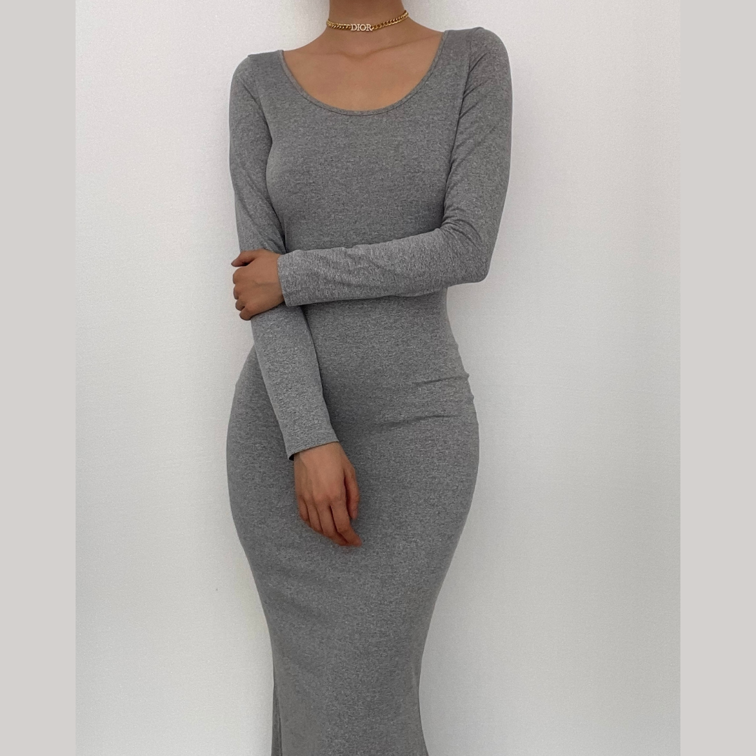 Solid long sleeve round neck mermaid hem maxi dress