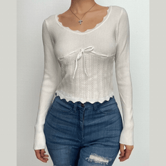 Ribbed lace hem long sleeve solid u neck top