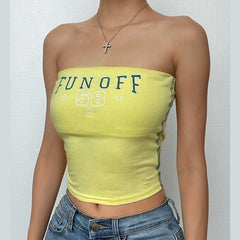 Contrast "FUNOFF" pattern backless tube crop top