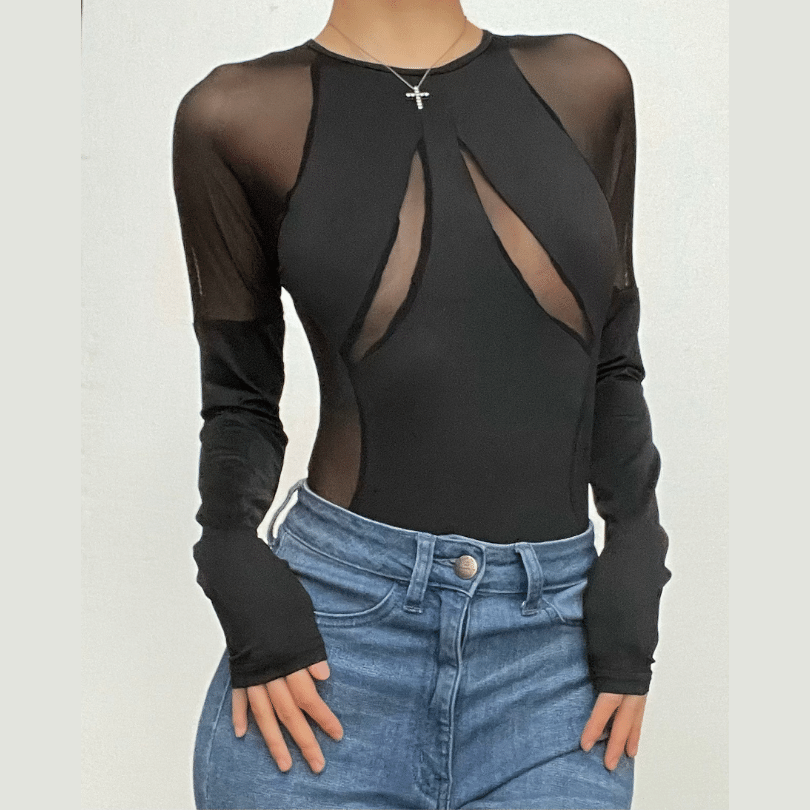 Mesh patchwork solid long sleeve crewneck bodysuit