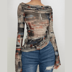 Drawstring off shoulder long sleeve contrast print top