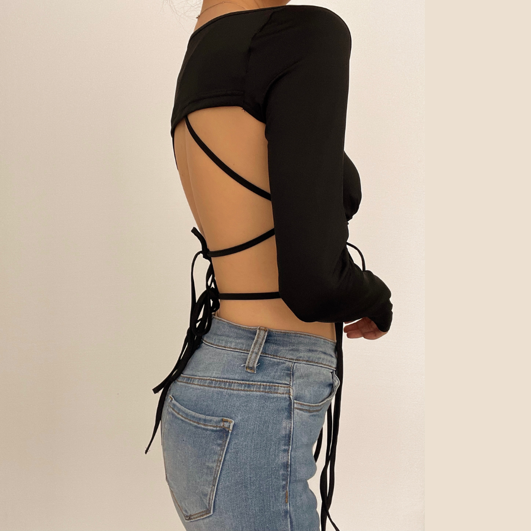 PRE-ORDEN - Top de 2 piezas liso con cuello en V y mangas largas con fruncido estilo halter 