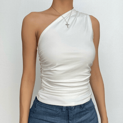 One shoulder solid irregular ruched top