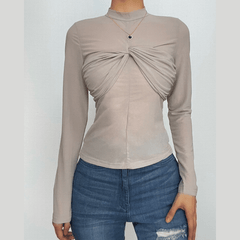 Ruched high neck zip-up long sleeve solid top