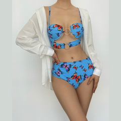 Traje de baño de bikini de tirantes finos con estampado de mariposa y relleno de anillo en O 