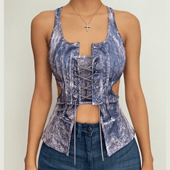 Metal chain lace up sleeveless hollow out contrast print crop top