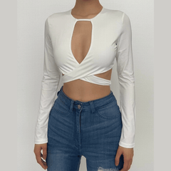 Hollow out solid cross front low cut long sleeve crop top