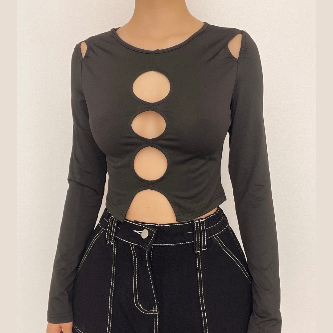 Hollow out long sleeve round neck solid crop top