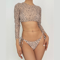 Traje de baño de 3 piezas con cuello halter, manga larga y estampado de leopardo, con lazo anudado en contraste 