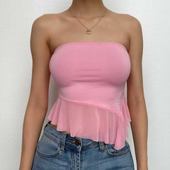 Mesh ruffle irregular solid backless tube crop top