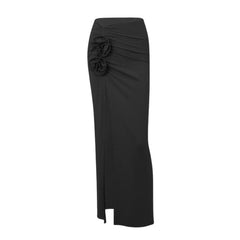 Ruched hight slit flower applique irregular solid maxi skirt