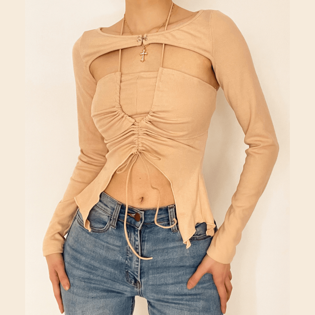 Long sleeve ruffled drawstring ruched solid 2 piece top