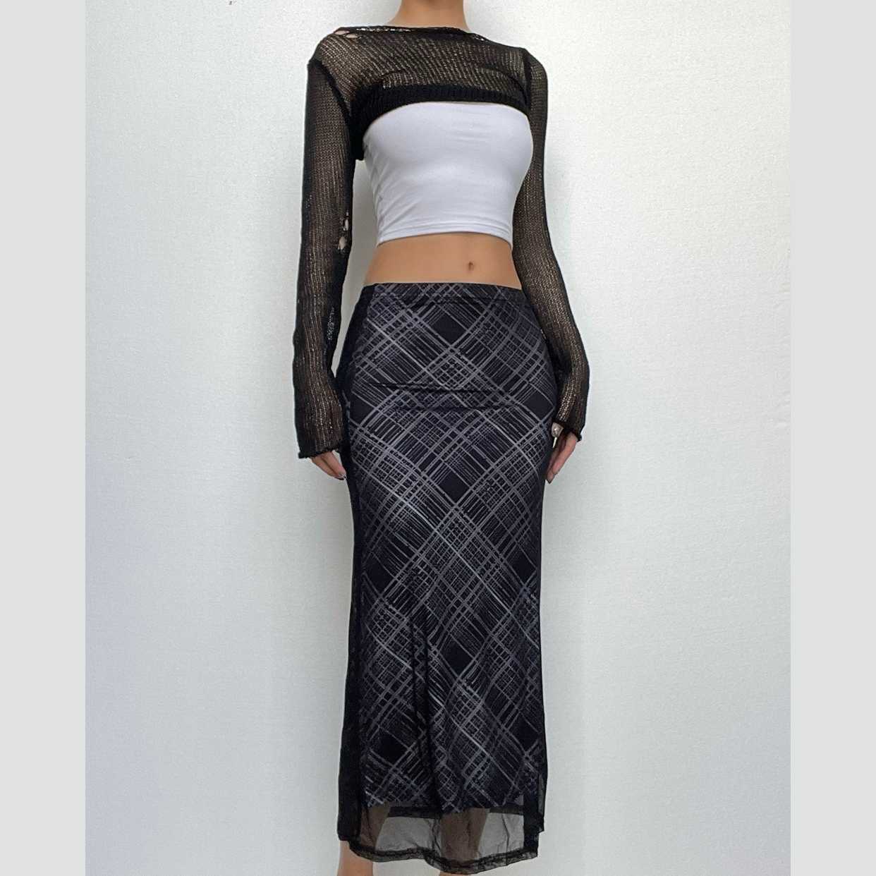 Mesh plaid contrast high rise midi skirt