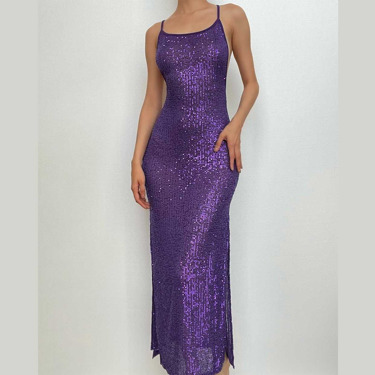 Glitzerndes, durchsichtiges, rückenfreies Maxi-Camisole-Kleid mit U-Ausschnitt