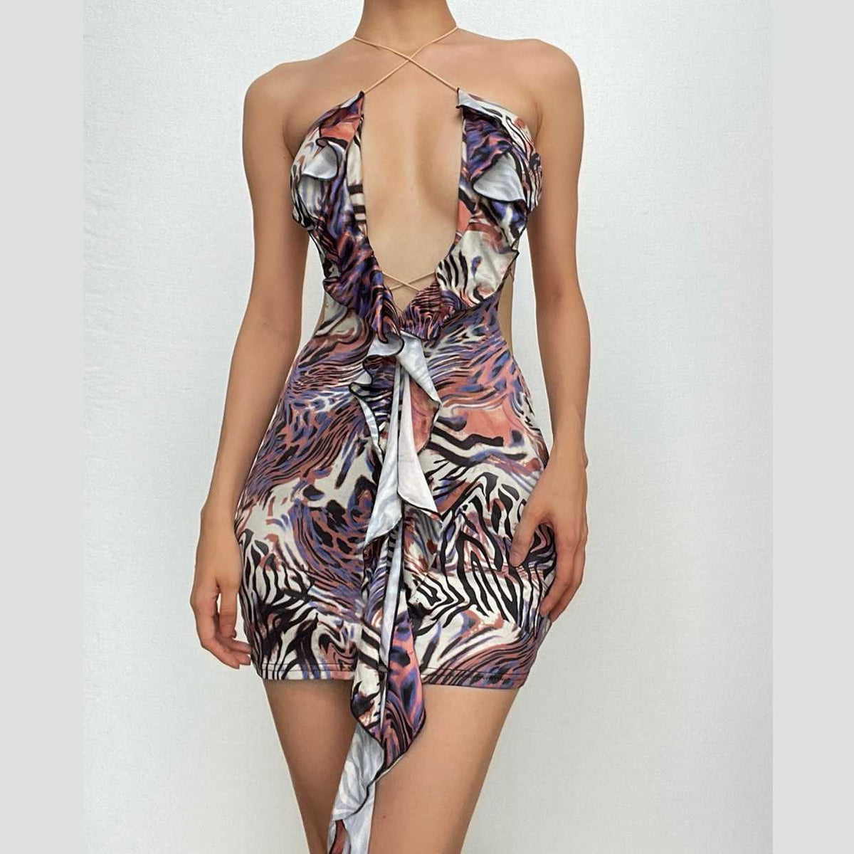 Halter self tie cross front backless ruffle contrast print mini dress