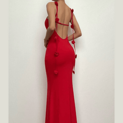 Flower applique backless solid v neck ribbon cami maxi dress