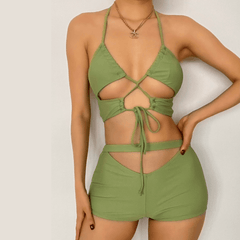 Hollow out cross tie high waisted 2 piece bikini set