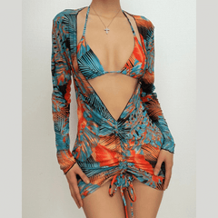 Mesh drawstring contrast print long sleeve halter 3 piece swimwear