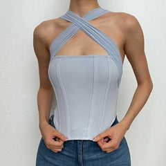 Mesh cross front corset solid backless crop top