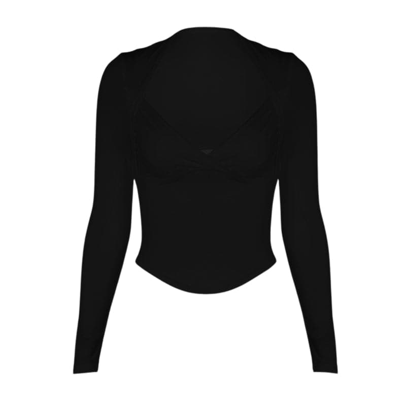 Long sleeve ruched v neck hollow out solid backless top