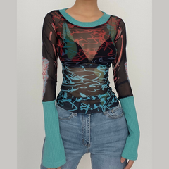 Mesh contrast print knitted long sleeve see through top