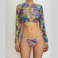 Mesh flower pattern contrast long sleeve halter 3 piece swimwear